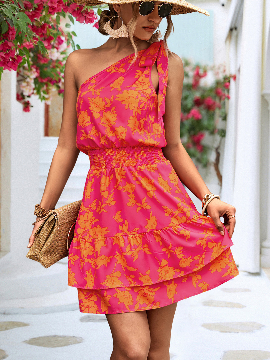 One Shoulder Floral Mini Dress