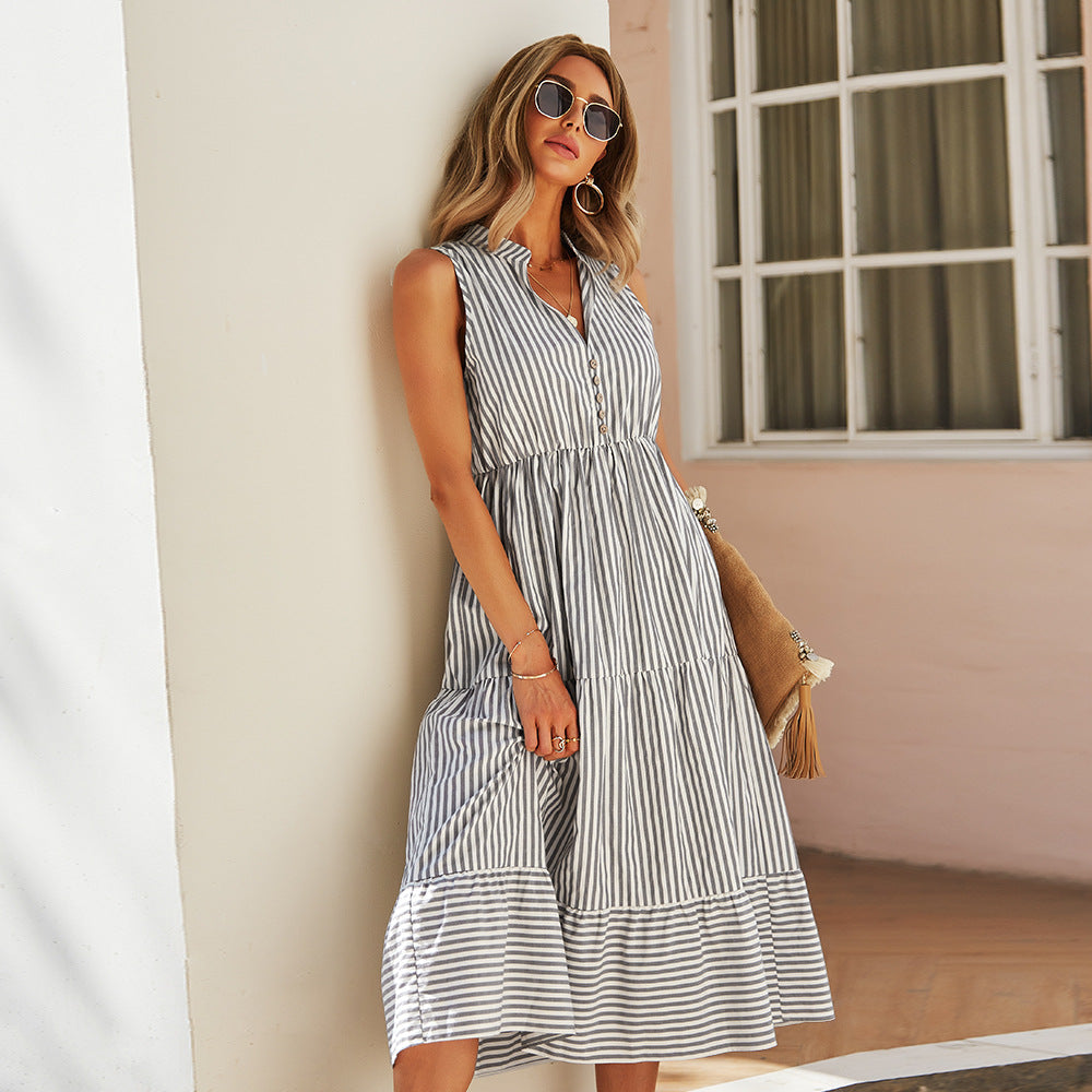 Stripe Sleeveless Tiered Midi Dress