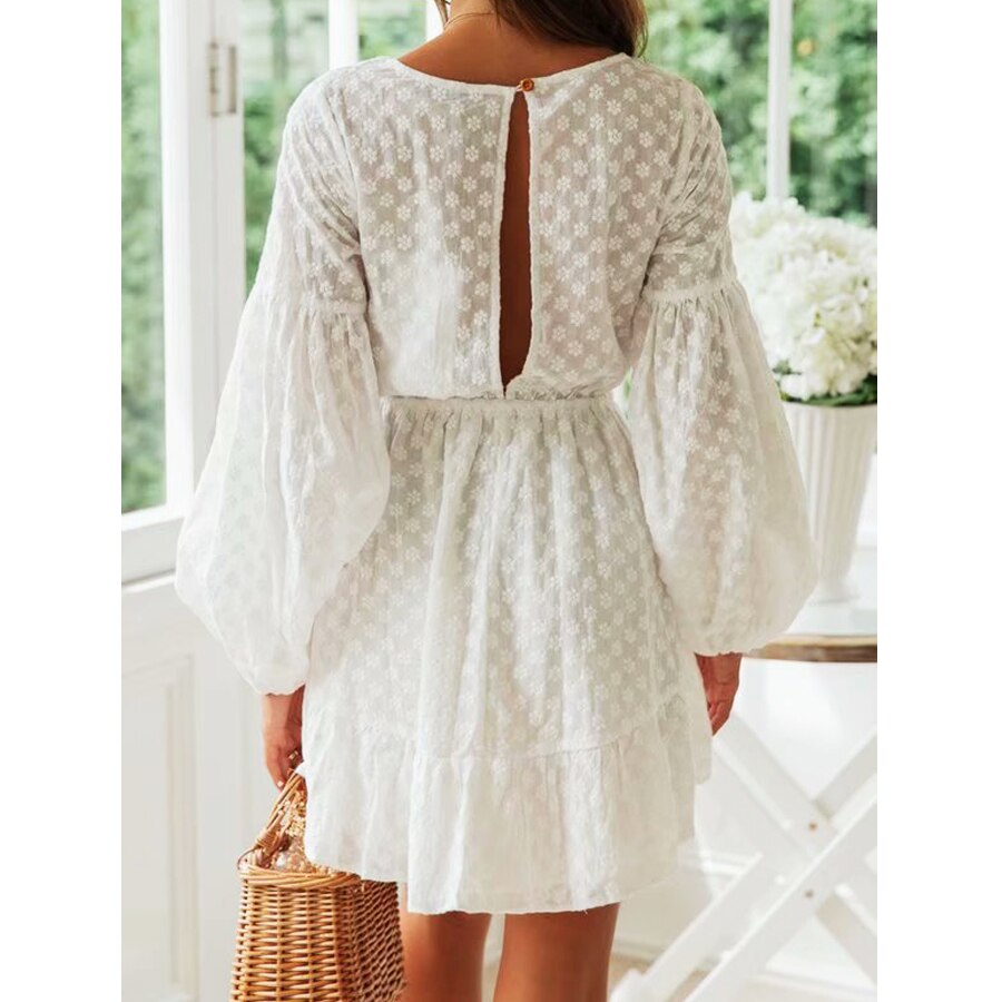 White Stitch Lace Flowers Mini Dress with Lantern Sleeves