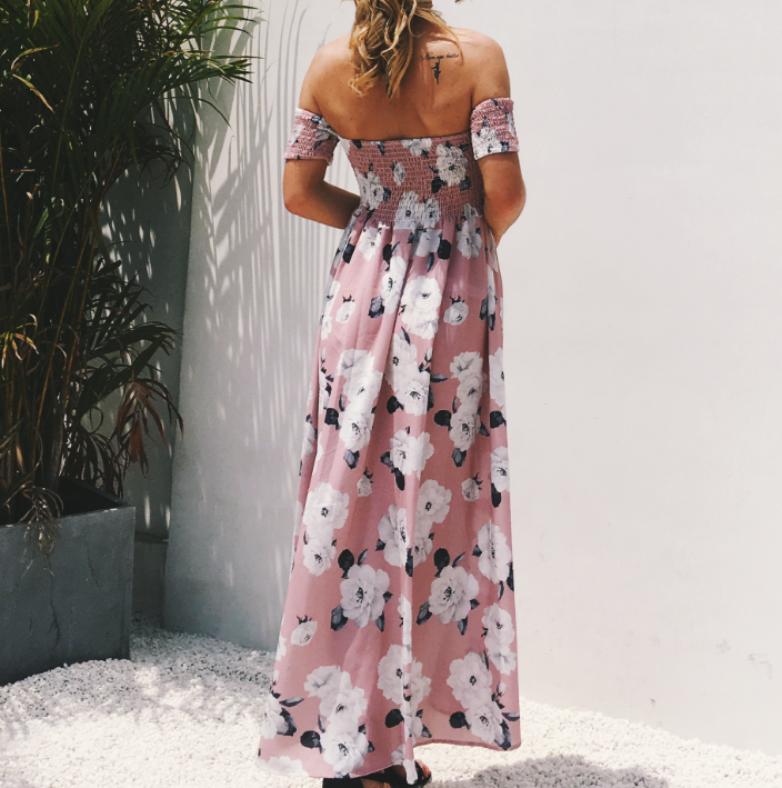 White Poppy Off Shoulder Pink Maxi Dress