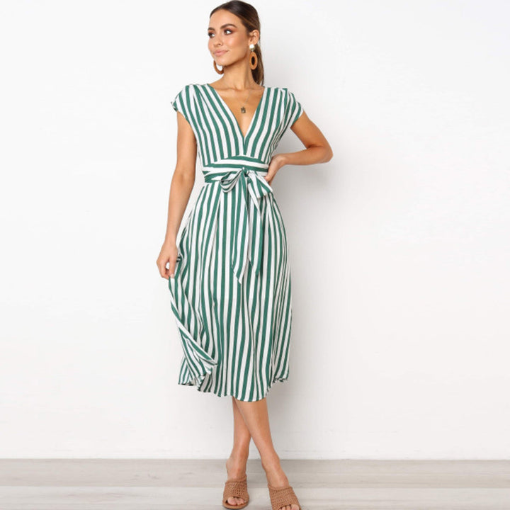 Striped V-Neck Midi Dress