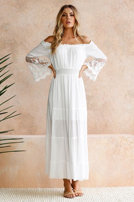 Off Shoulder White Tiered Maxi Dress with Lace Bell Sleeves