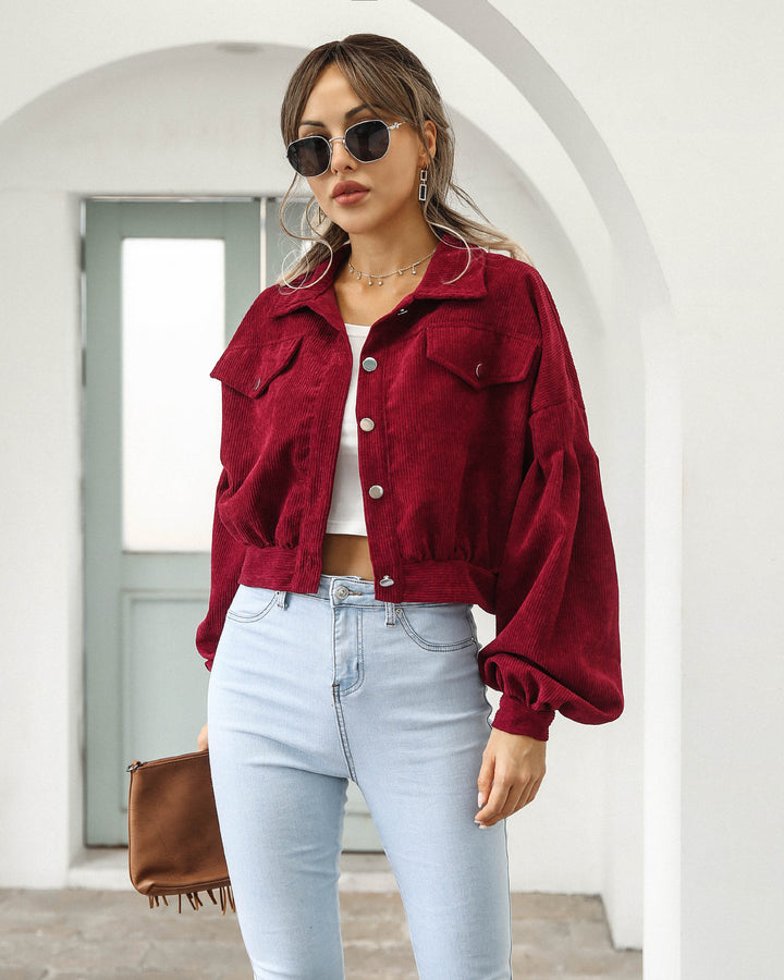 Cropped Corduroy Jacket with Lantern Sleeves