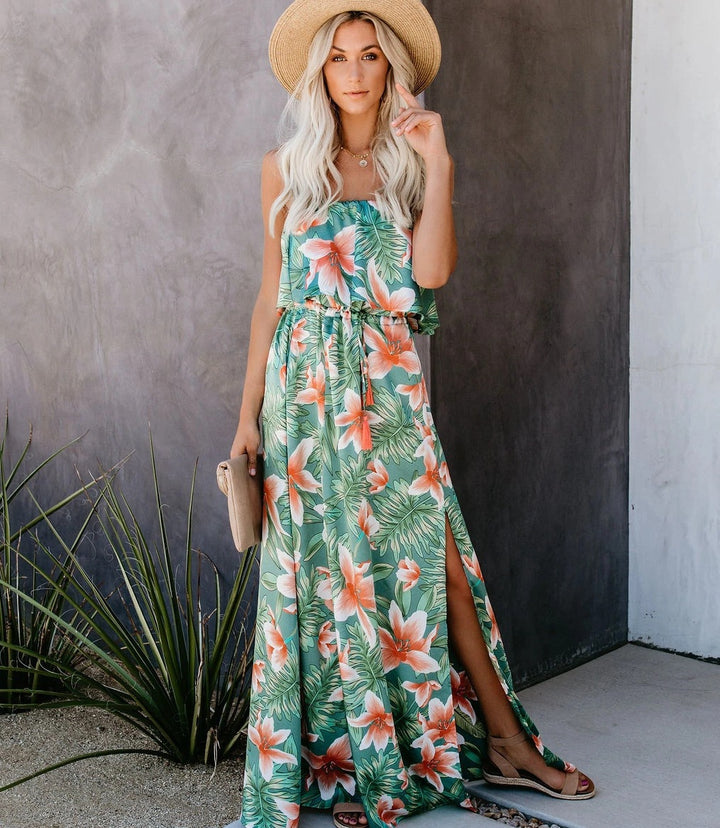 Tropical Print Strapless Maxi Dress with Slit