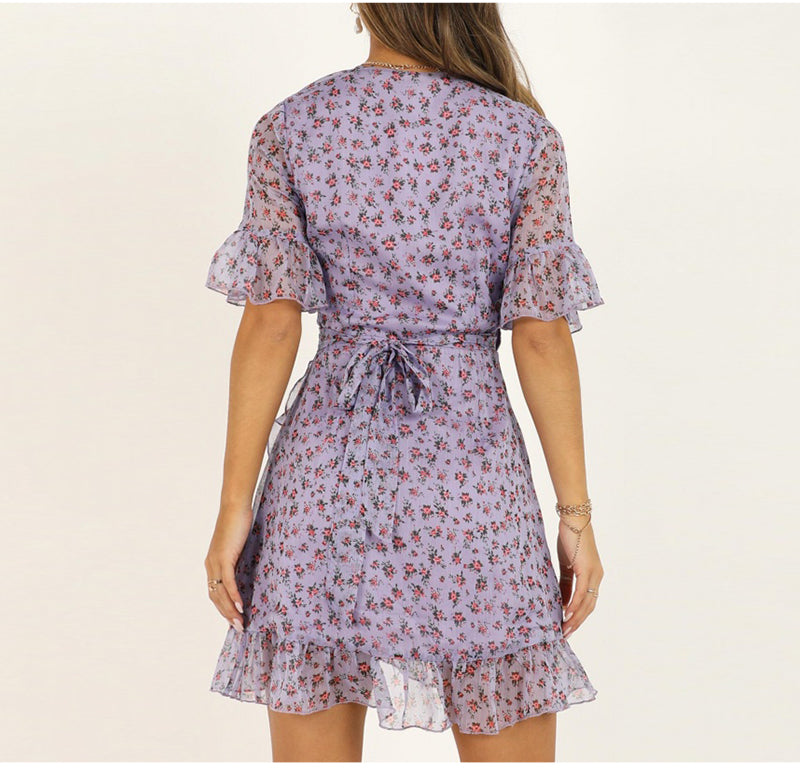 Purple Ruffled Floral Print Mini Dress