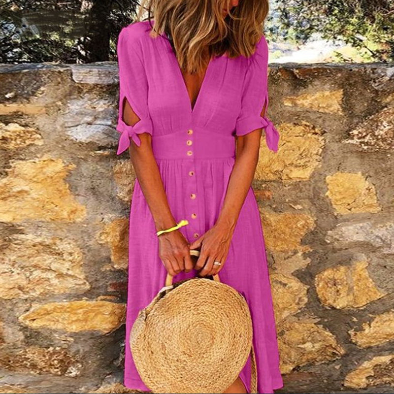 Iconic Summer Midi Dress with Tie Sleeves and Buttons