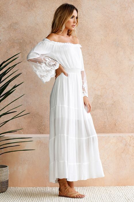 Off Shoulder White Tiered Maxi Dress with Lace Bell Sleeves