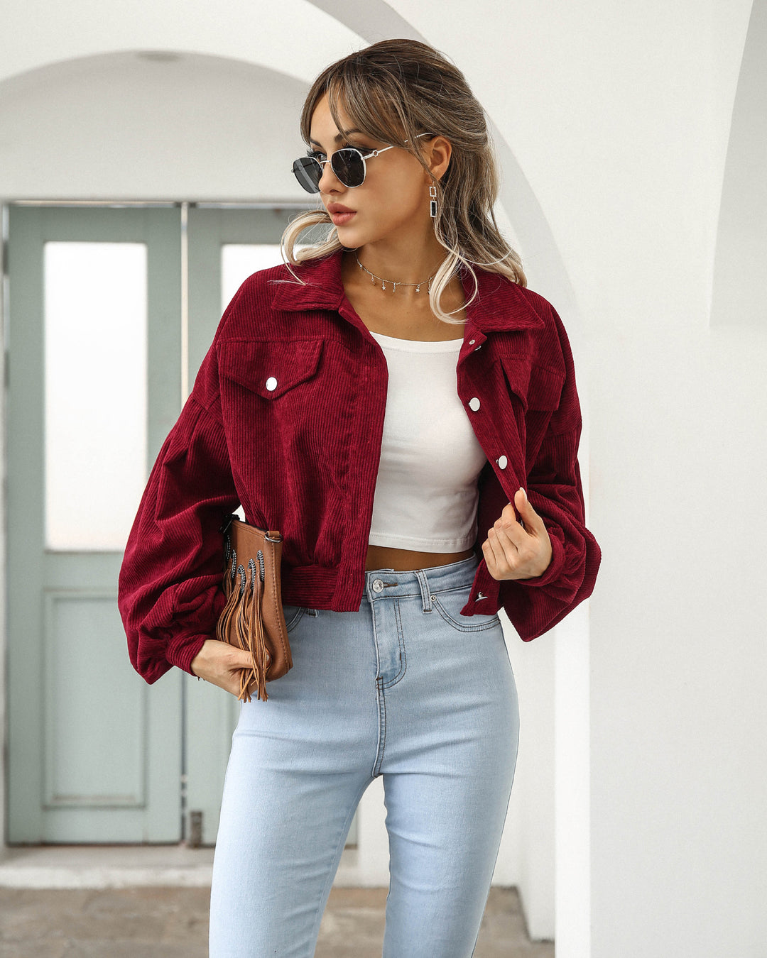 Cropped Corduroy Jacket with Lantern Sleeves