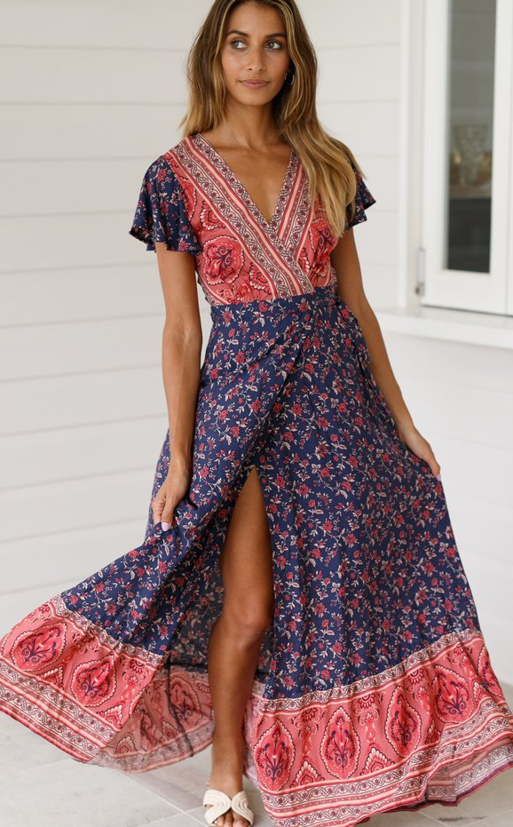 V-Neck Boho Maxi Dress with Slit