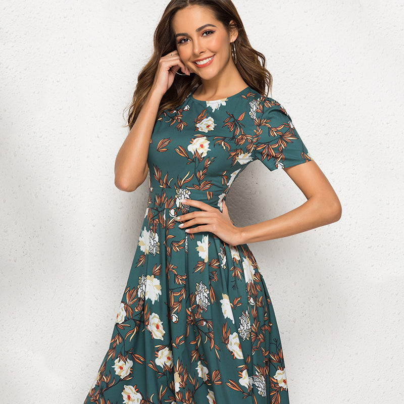 Teal Floral Print Midi Dress