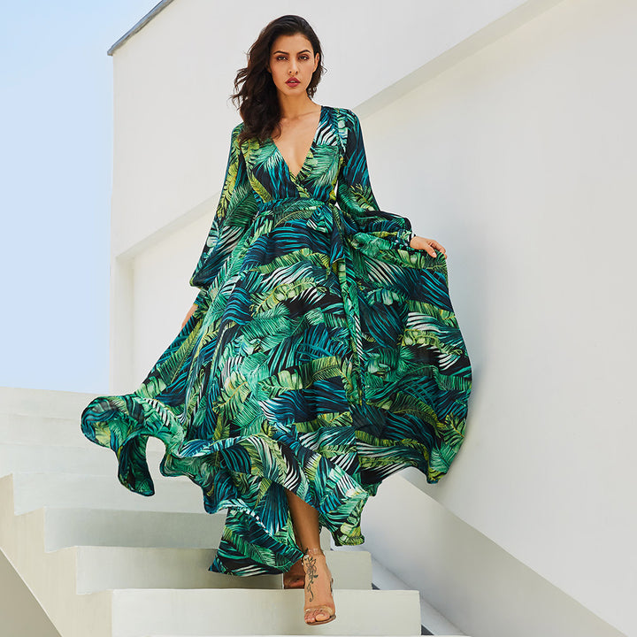 Flowy Leaves Print V-Neck Maxi Dress