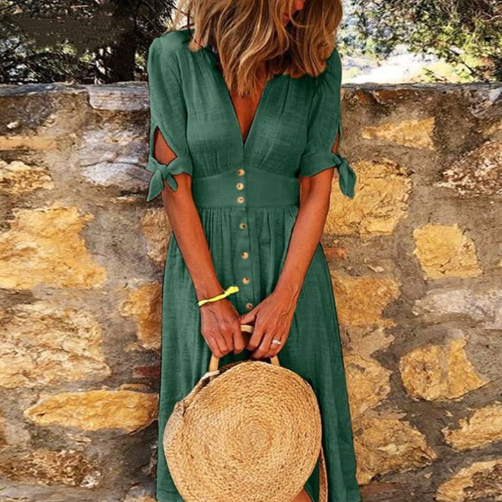 Iconic Summer Midi Dress with Tie Sleeves and Buttons