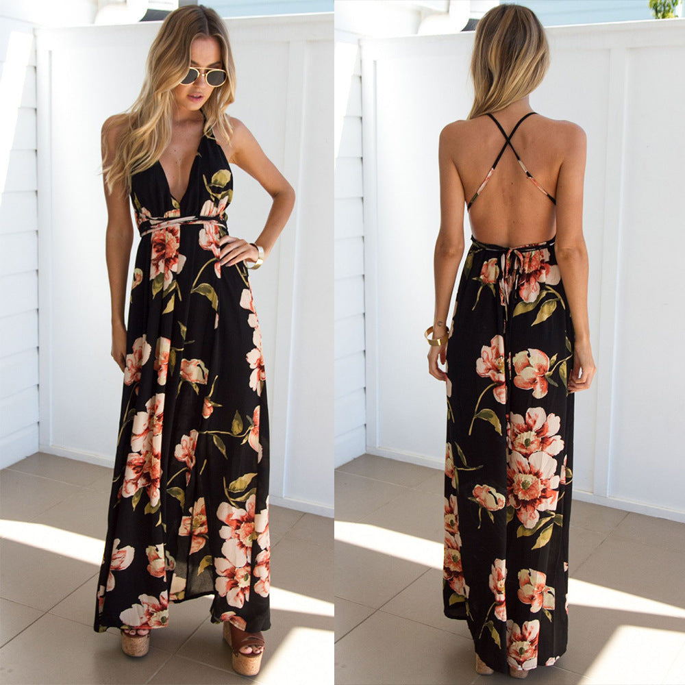 Backless Floral Halter Maxi Dress