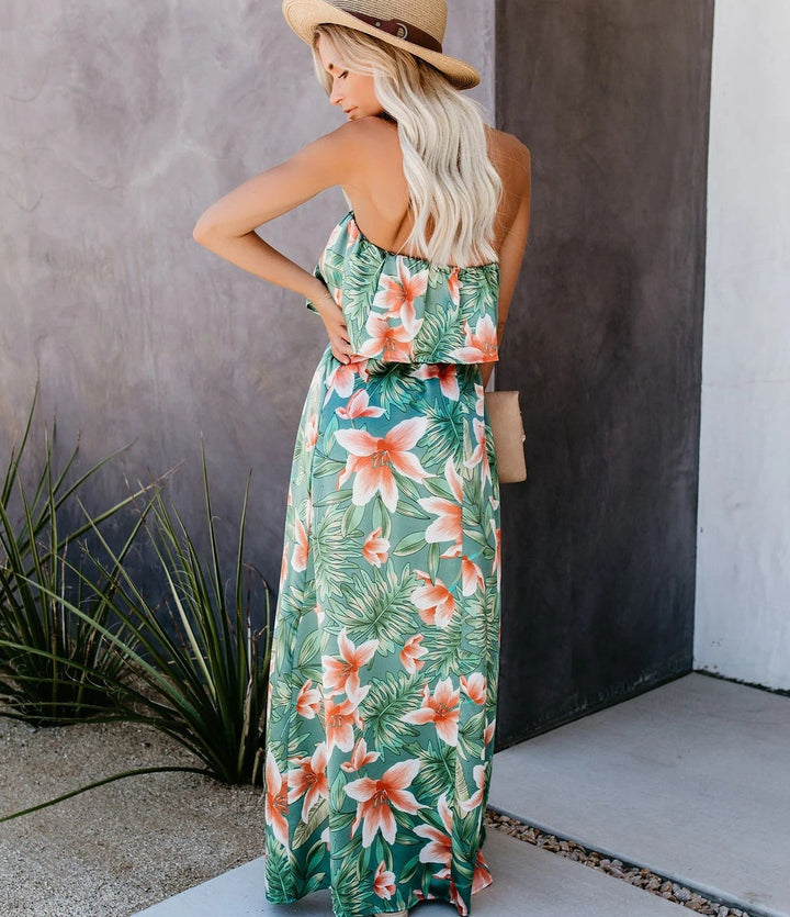 Tropical Print Strapless Maxi Dress with Slit