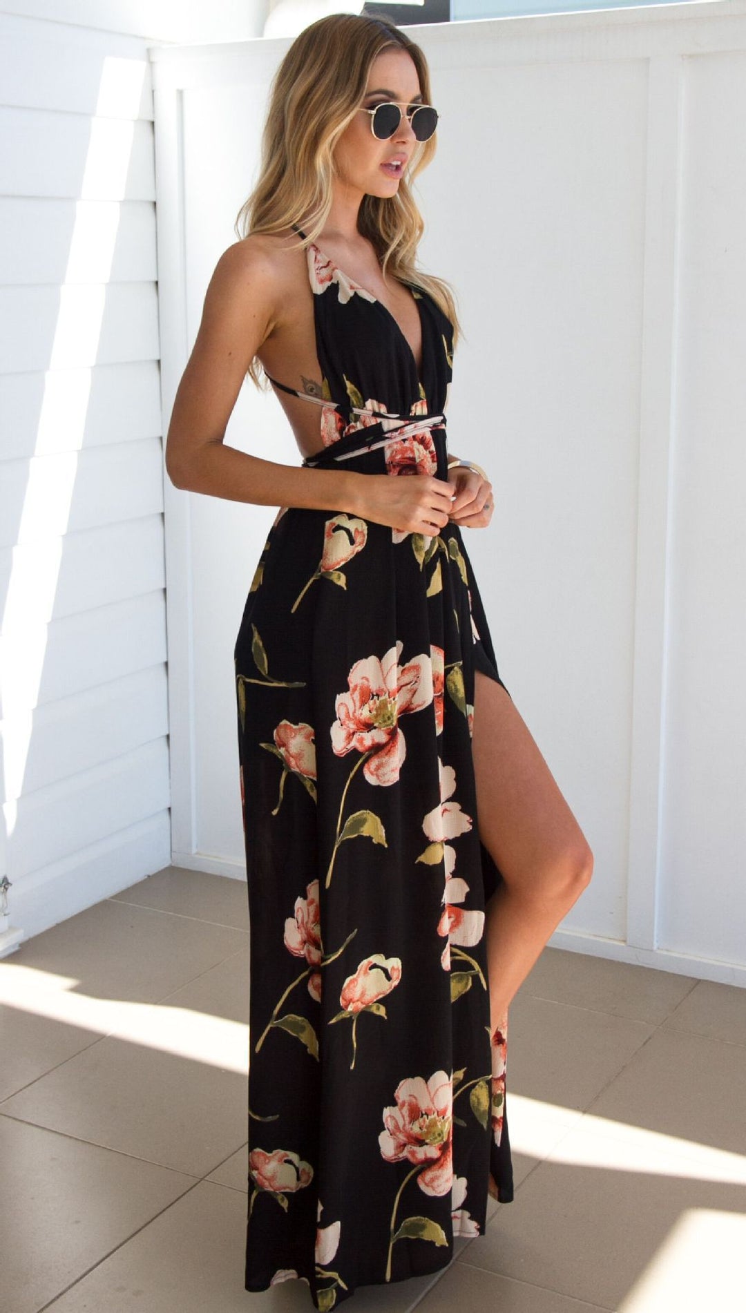 Backless Floral Halter Maxi Dress