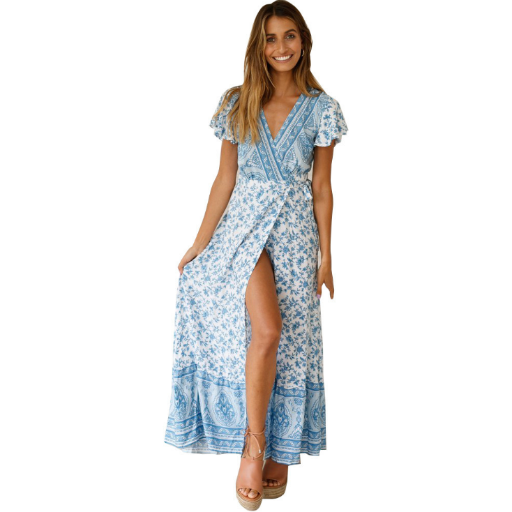 V-Neck Boho Maxi Dress with Slit