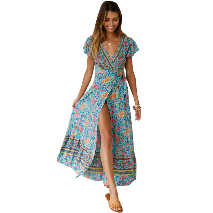 V-Neck Boho Maxi Dress with Slit