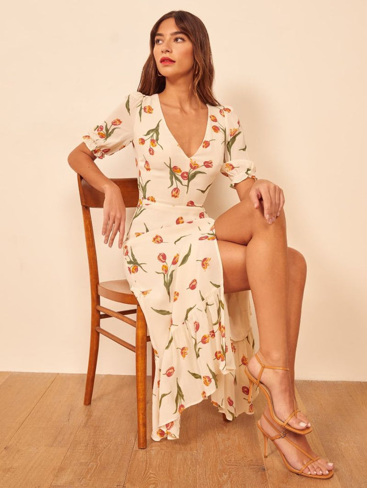 Rose Print French Ruffle Bottom Midi Dress