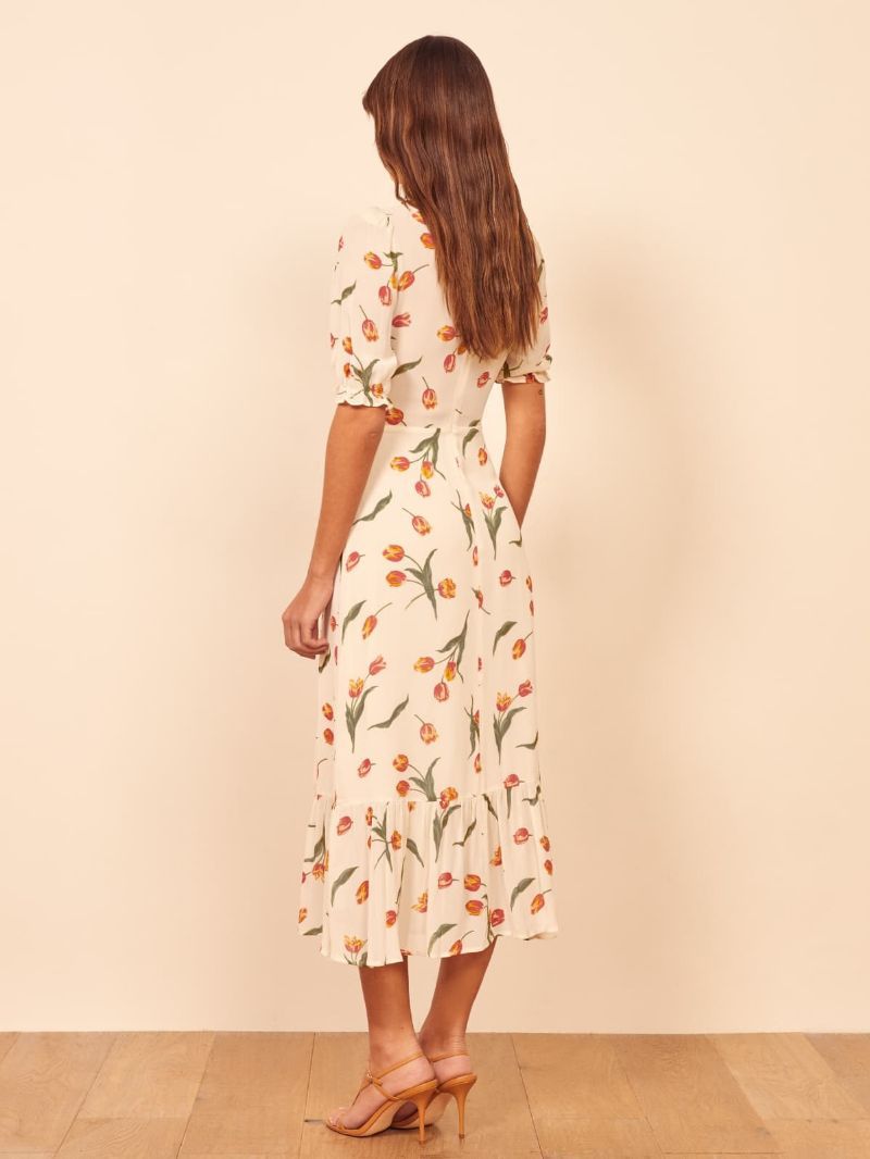 Rose Print French Ruffle Bottom Midi Dress