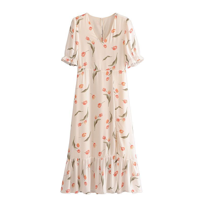 Rose Print French Ruffle Bottom Midi Dress