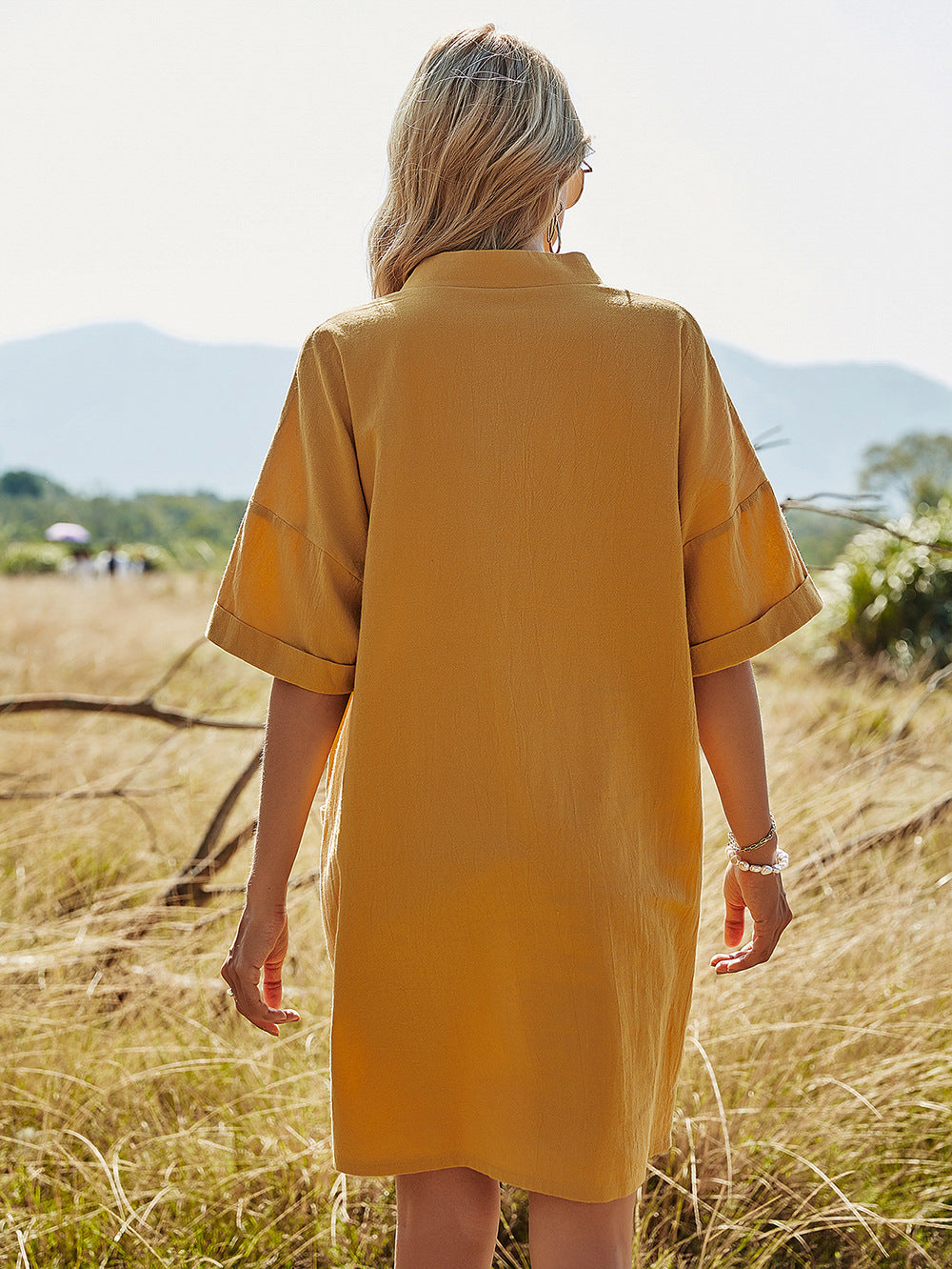 Loose V-Neck Tunic Dress with Front Pockets