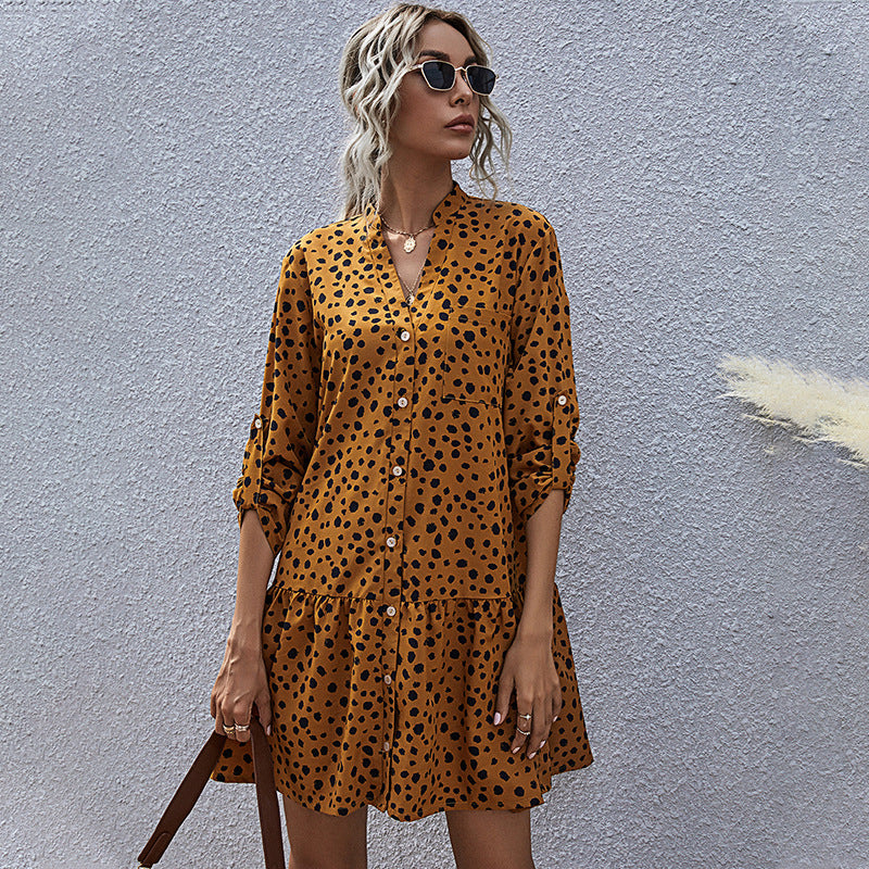 Mustard Color Smock Dress with Black Spots