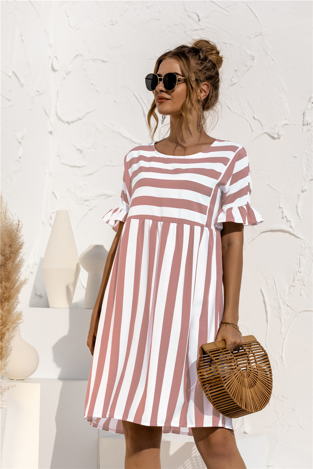 Striped Babydoll Dress with Ruffled Sleeves