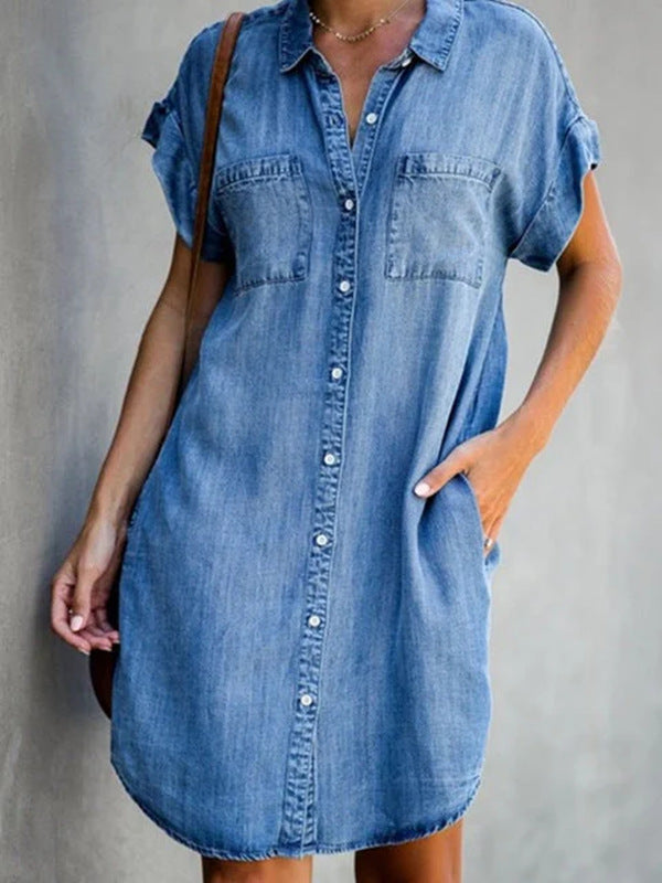 Classic Denim Midi Shirt Dress with Pockets