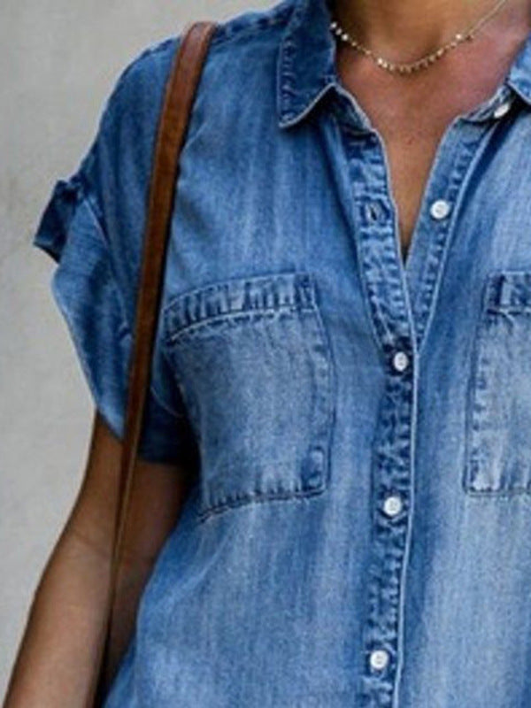 Classic Denim Midi Shirt Dress with Pockets