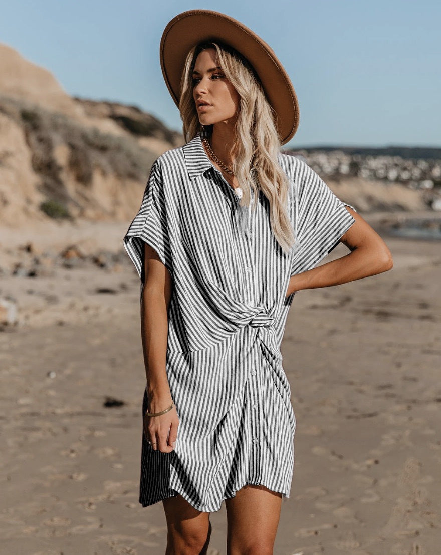 Striped Knot Detail Shirt Dress