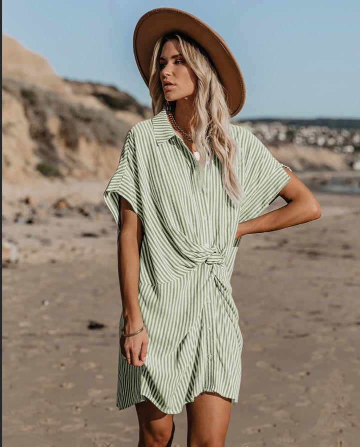 Striped Knot Detail Shirt Dress