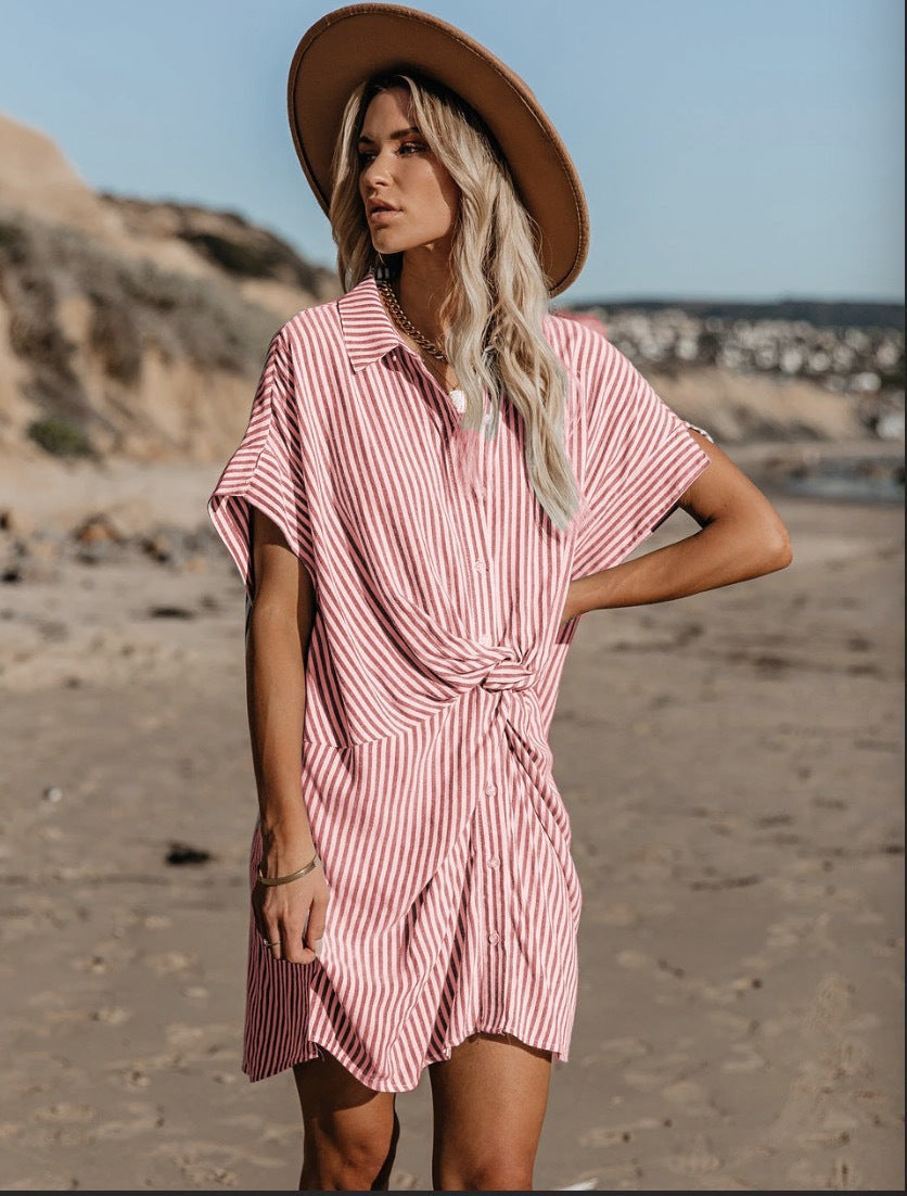 Striped Knot Detail Shirt Dress