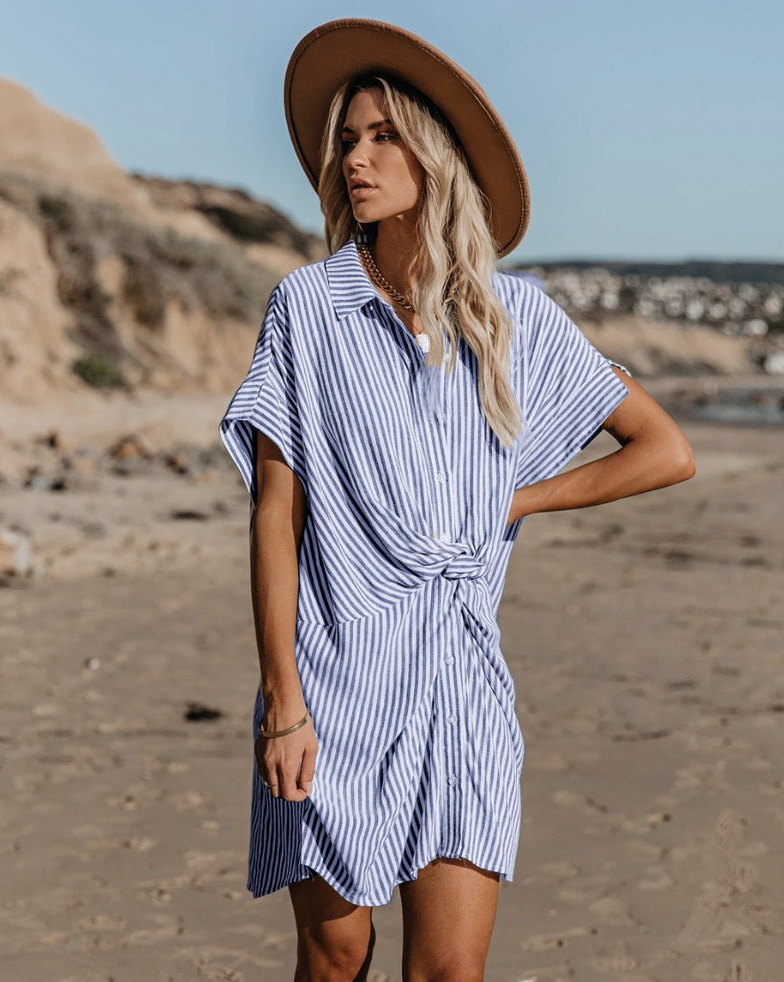 Striped Knot Detail Shirt Dress