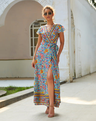 V-Neck Boho Maxi Dress with Slit