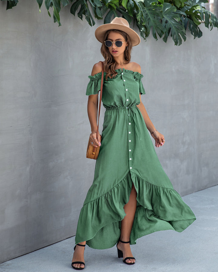 Off the Shoulder Asymmetrical Maxi Dress