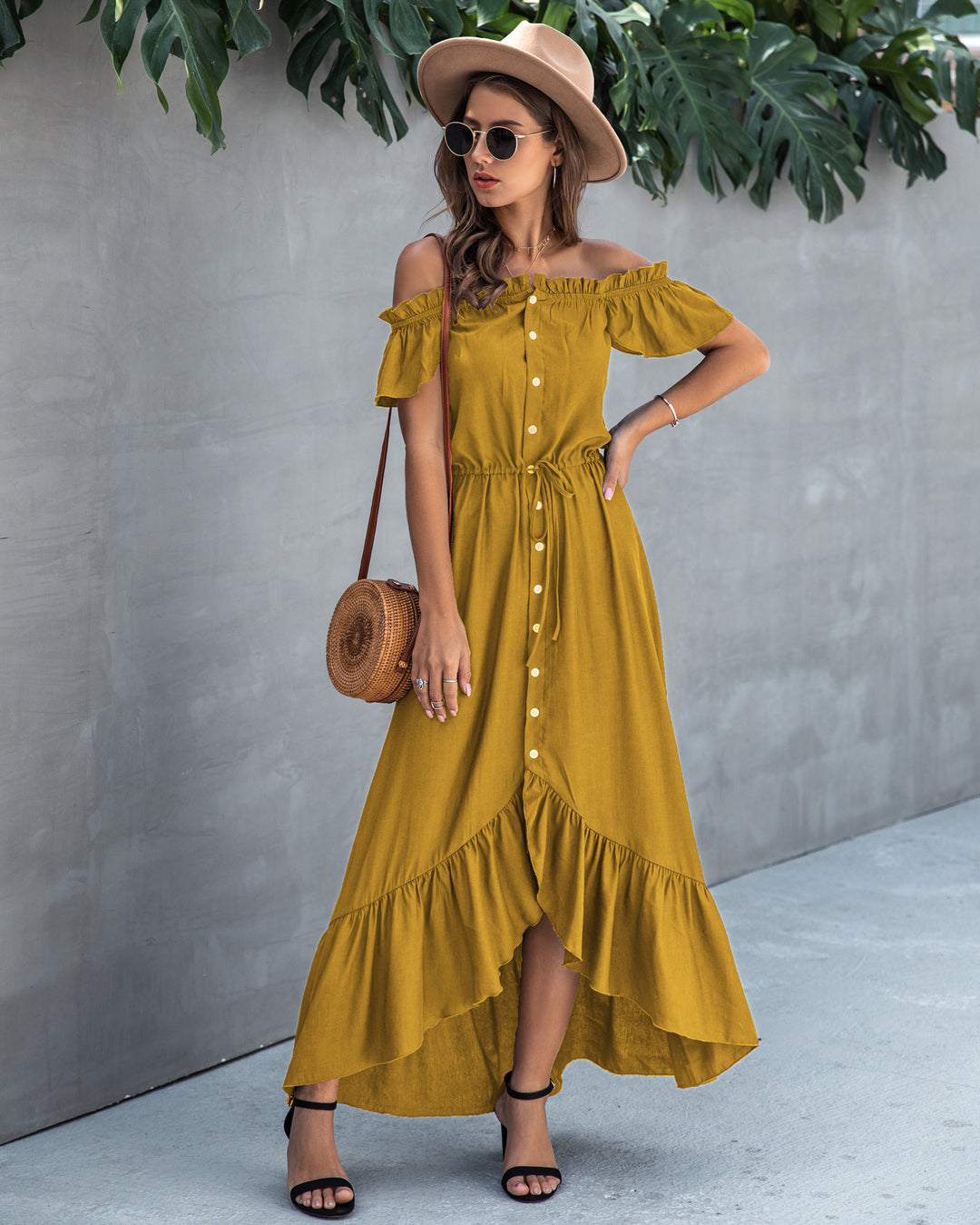 Off the Shoulder Asymmetrical Maxi Dress