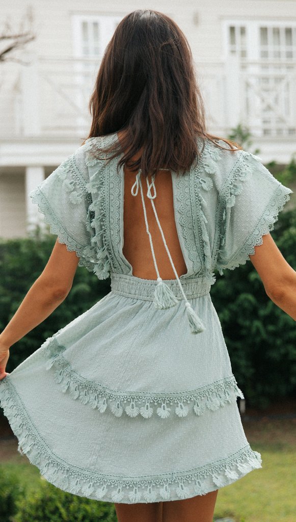 Light Teal Bohemian Stitch Lace Mini Dress