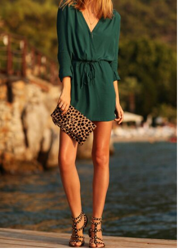 Forest Green High Waisted V-Neck Mini Dress