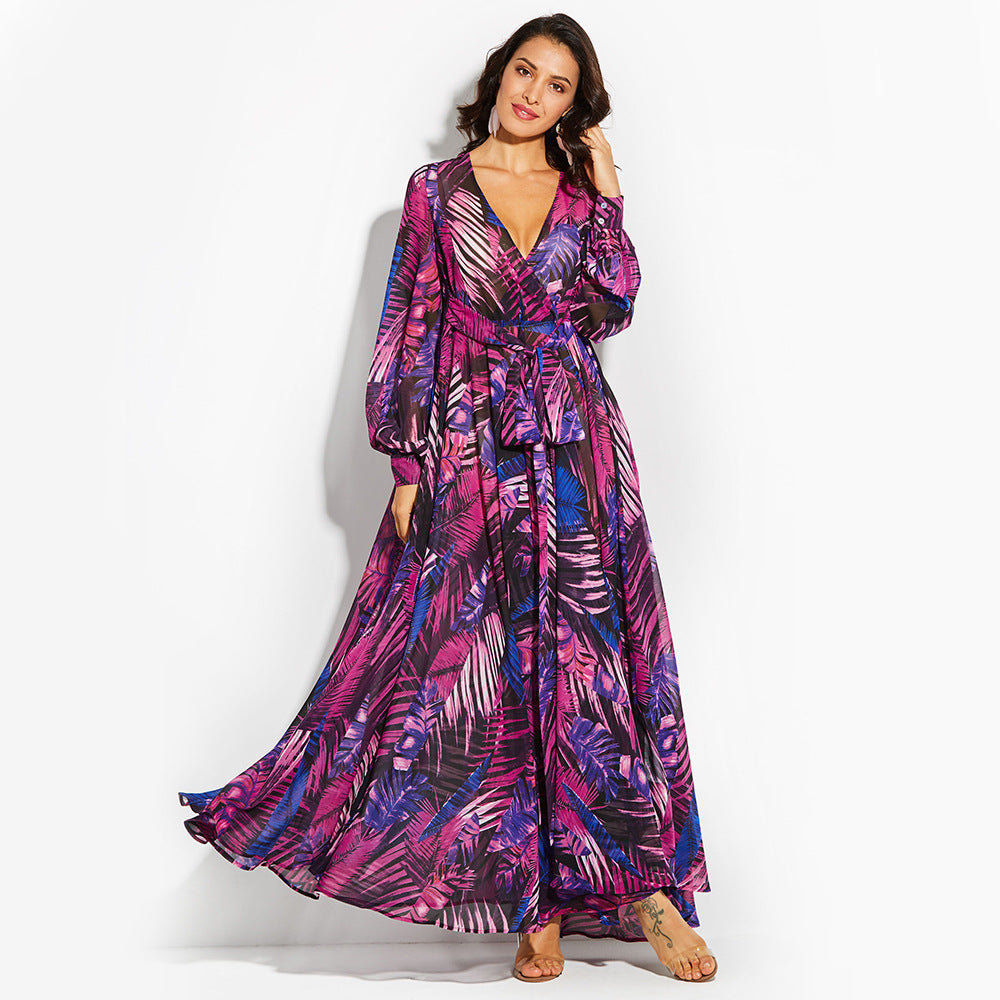 Flowy Leaves Print V-Neck Maxi Dress