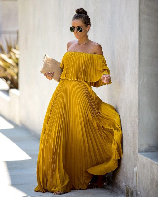 Off Shoulder Pleated Maxi Dress