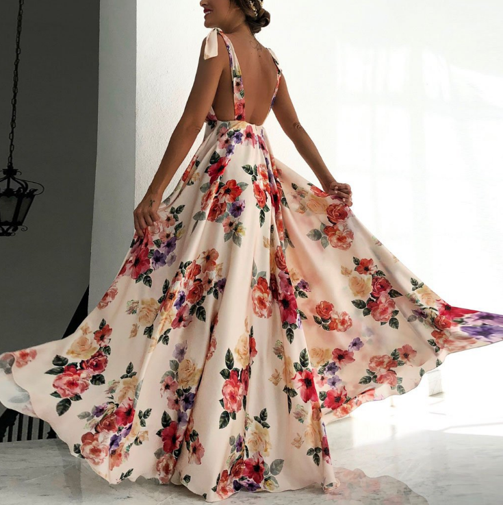 Flowy Backless Floral Maxi Dress