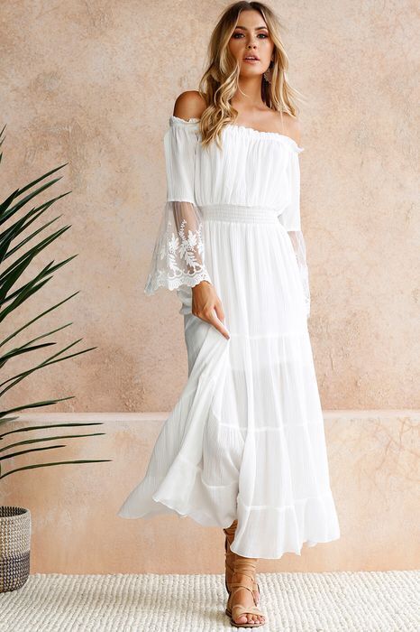 Off Shoulder White Tiered Maxi Dress with Lace Bell Sleeves