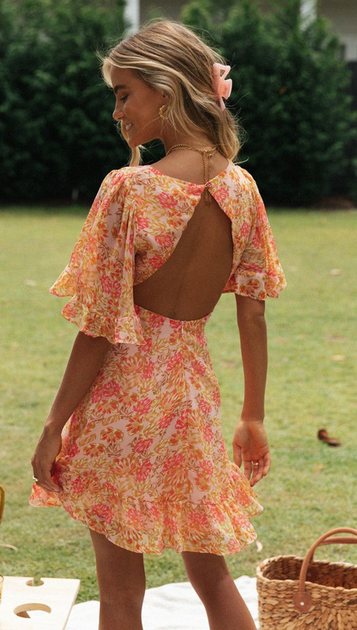 Floral Print Open Back Mini Dress