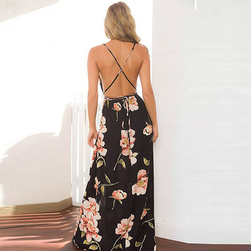 Backless Floral Halter Maxi Dress