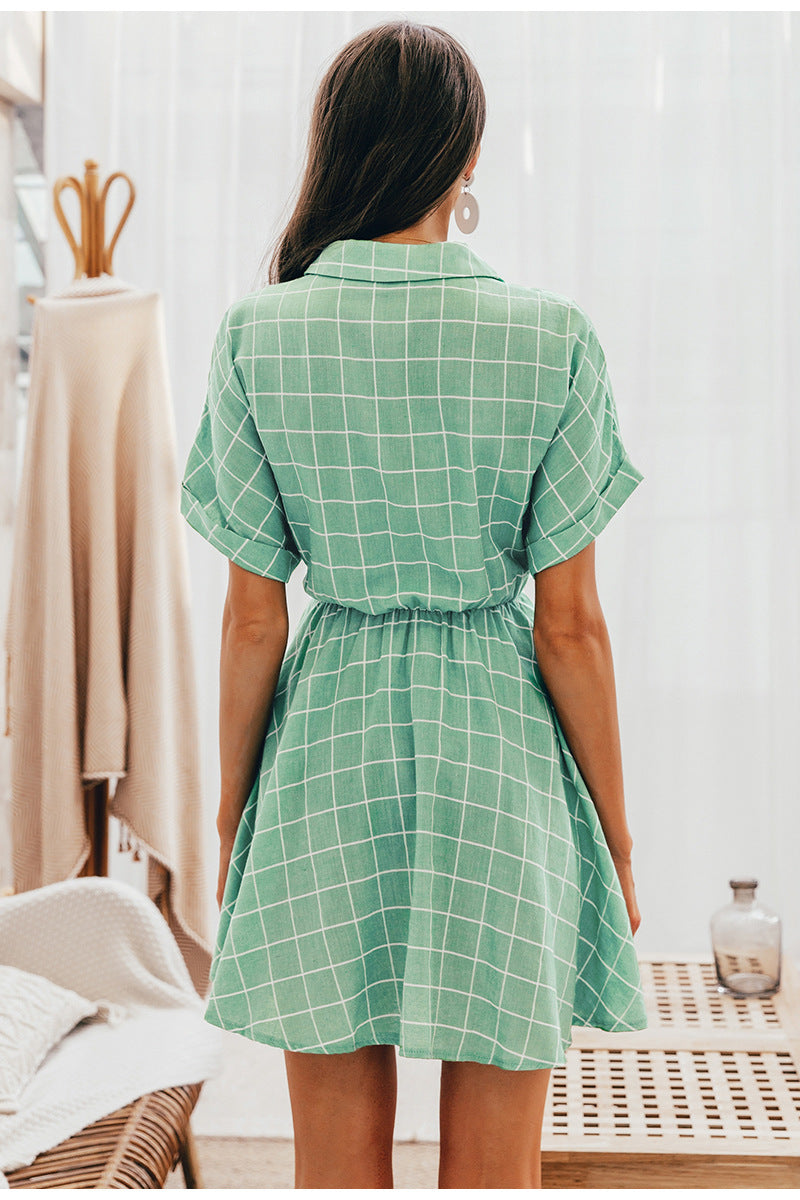 Mint Green Checkered Print Shirt Dress