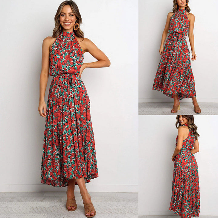 Floral Halter Pleated Maxi Dress