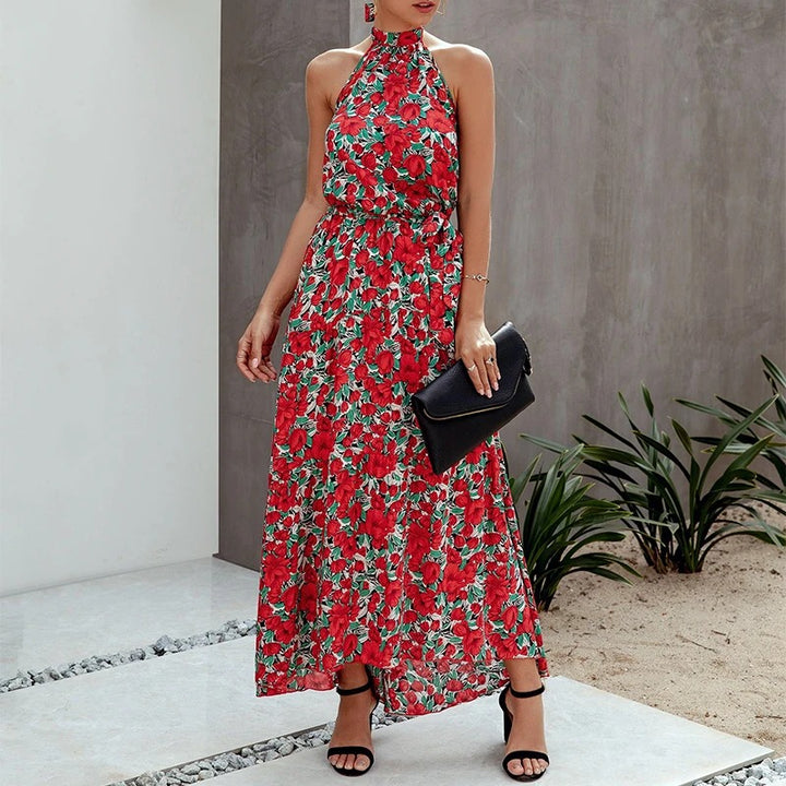 Floral Halter Pleated Maxi Dress