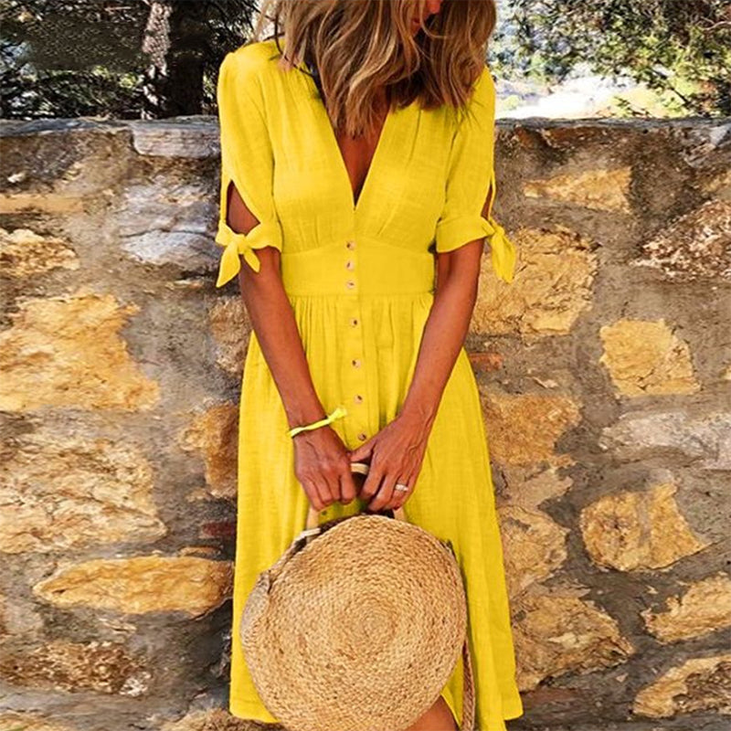 Iconic Summer Midi Dress with Tie Sleeves and Buttons