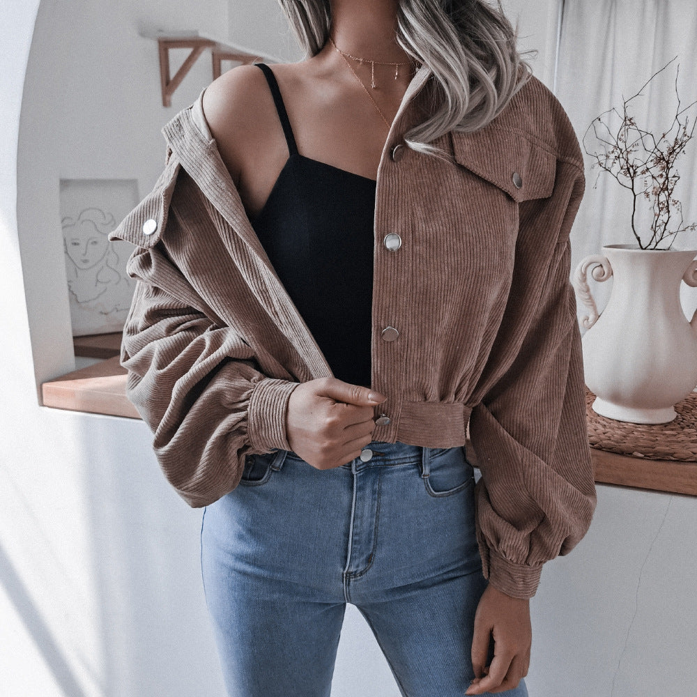 Cropped Corduroy Jacket with Lantern Sleeves