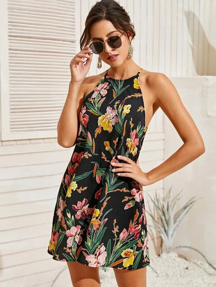 Floral Print Halter Mini Dress